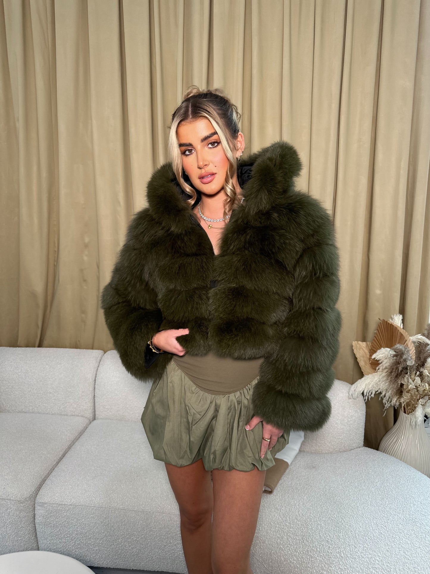 Khaki green hooded fox fur coat - pre order only